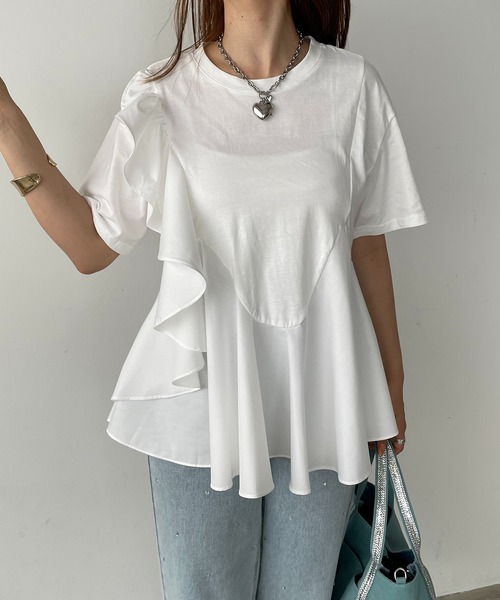 antic rag(アンティックラグ)の「オーガンジーフリルドッキングトップス(Tシャツ/カットソー・レディース・ホワイト/ブラック・FREE)」の5枚目の写真