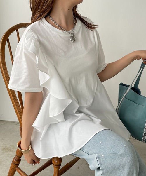 antic rag(アンティックラグ)の「オーガンジーフリルドッキングトップス(Tシャツ/カットソー・レディース・ホワイト/ブラック・FREE)」の6枚目の写真