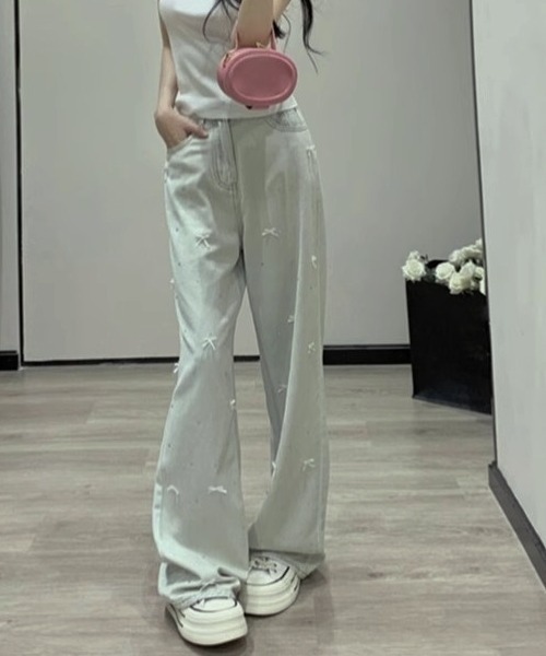 セール】Y2Kデニム ロングパンツ ストレートパンツ リボン