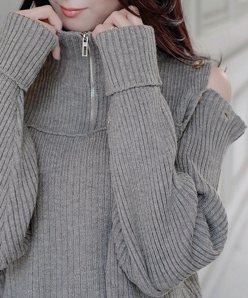 mily bilet（ミウィビレット）の「【mily bilet】上品なあざとかわいい。肩スリット２WAYボタン使いハーフジップリブニット（ニット/セーター・レディース・アイボリー/ブラック/グレー・X-LARGE/SMALL/MEDIUM/LARGE）」の13枚目の写真