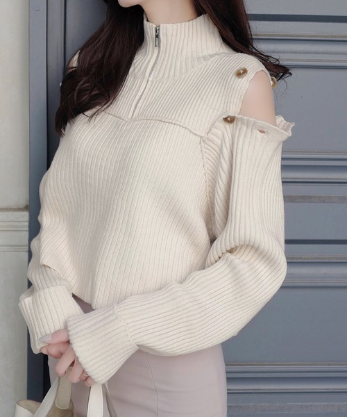 mily bilet（ミウィビレット）の「【mily bilet】上品なあざとかわいい。肩スリット２WAYボタン使いハーフジップリブニット（ニット/セーター・レディース・アイボリー/ブラック/グレー・X-LARGE/SMALL/MEDIUM/LARGE）」の8枚目の写真