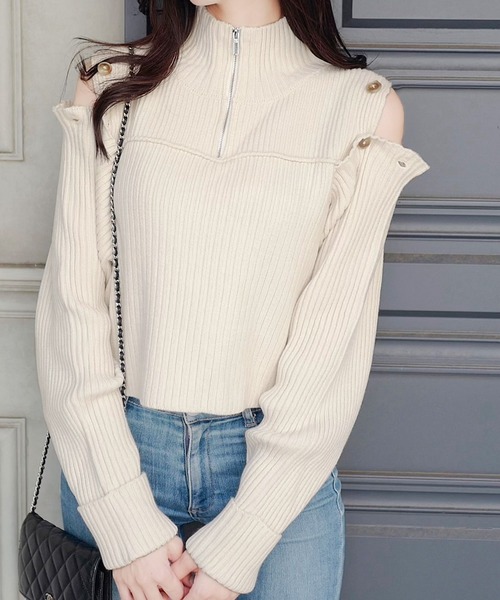 mily bilet（ミウィビレット）の「【mily bilet】上品なあざとかわいい。肩スリット２WAYボタン使いハーフジップリブニット（ニット/セーター・レディース・アイボリー/ブラック/グレー・X-LARGE/SMALL/MEDIUM/LARGE）」の5枚目の写真