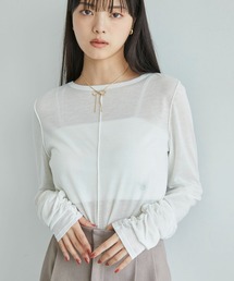 【洗える】シャーリングスリーブシアーロングTシャツ