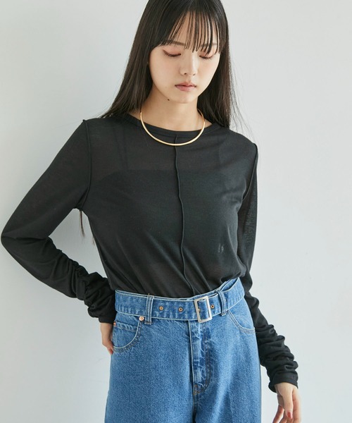 VIS（ビス）の「【洗える】シャーリングスリーブシアーロングTシャツ（Tシャツ/カットソー・レディース・サックスブルー/ブラック/オフホワイト・FREE）」の13枚目の写真