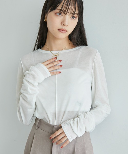 VIS（ビス）の「【洗える】シャーリングスリーブシアーロングTシャツ（Tシャツ/カットソー・レディース・サックスブルー/ブラック/オフホワイト・FREE）」の14枚目の写真