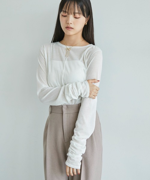 VIS（ビス）の「【洗える】シャーリングスリーブシアーロングTシャツ（Tシャツ/カットソー・レディース・サックスブルー/ブラック/オフホワイト・FREE）」の15枚目の写真