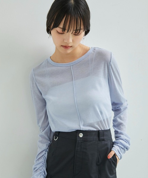 VIS（ビス）の「【洗える】シャーリングスリーブシアーロングTシャツ（Tシャツ/カットソー・レディース・サックスブルー/ブラック/オフホワイト・FREE）」の16枚目の写真