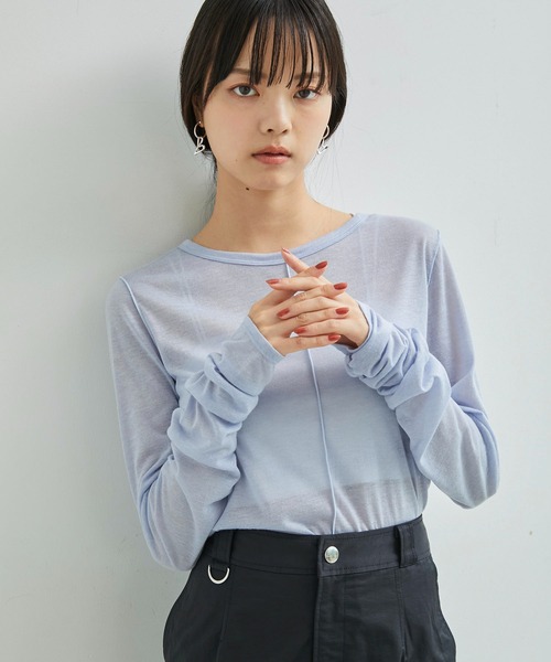 VIS（ビス）の「【洗える】シャーリングスリーブシアーロングTシャツ（Tシャツ/カットソー・レディース・サックスブルー/ブラック/オフホワイト・FREE）」の17枚目の写真