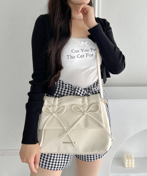 セール】ダブルリボンスクエアPUショルダーバッグ（ショルダーバッグ