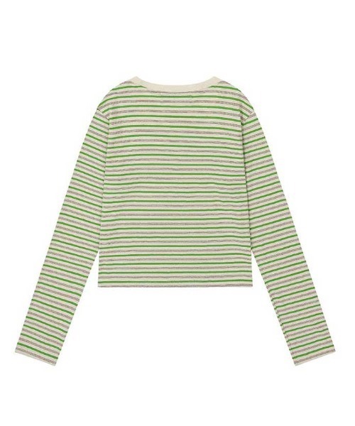 muahmuah(ムーアムーア)の「A'GEM/9 × .kom 『muah muah/ムーアムーア』 LOGO STRIPE CROP LONG SLEEVE/ロゴ ステッチ ストライプ クロップ 長袖カットソー(Tシャツ/カットソー・レディース・ブルー/ネイビー・FREE)」の14枚目の写真