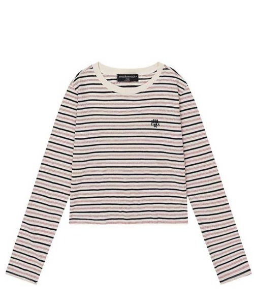 muahmuah(ムーアムーア)の「A'GEM/9 × .kom 『muah muah/ムーアムーア』 LOGO STRIPE CROP LONG SLEEVE/ロゴ ステッチ ストライプ クロップ 長袖カットソー(Tシャツ/カットソー・レディース・ブルー/ネイビー・FREE)」の12枚目の写真