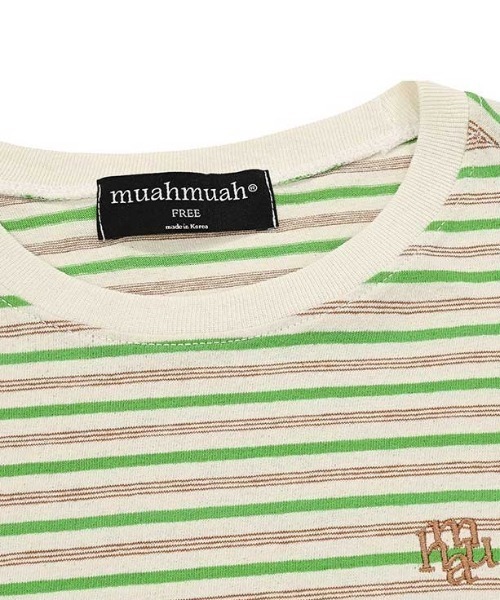 muahmuah(ムーアムーア)の「A'GEM/9 × .kom 『muah muah/ムーアムーア』 LOGO STRIPE CROP LONG SLEEVE/ロゴ ステッチ ストライプ クロップ 長袖カットソー(Tシャツ/カットソー・レディース・ブルー/ネイビー・FREE)」の15枚目の写真