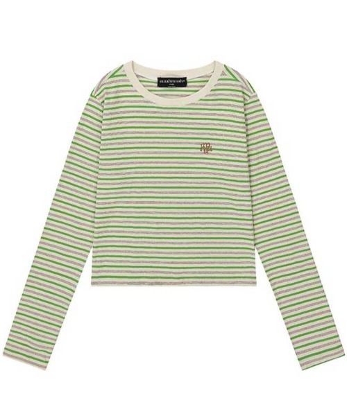 muahmuah(ムーアムーア)の「A'GEM/9 × .kom 『muah muah/ムーアムーア』 LOGO STRIPE CROP LONG SLEEVE/ロゴ ステッチ ストライプ クロップ 長袖カットソー(Tシャツ/カットソー・レディース・ブルー/ネイビー・FREE)」の13枚目の写真