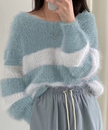 ボーダー柄モヘアVネックニットトップス
