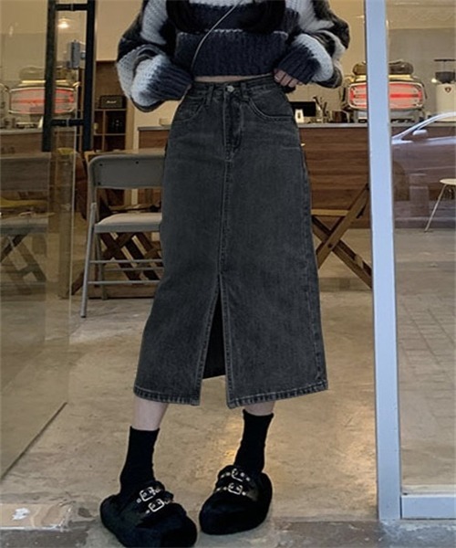 Steve madden フロントスリット デニム マキシスカートブラック Steve madden フロントスリット デニム マキシスカートブラック