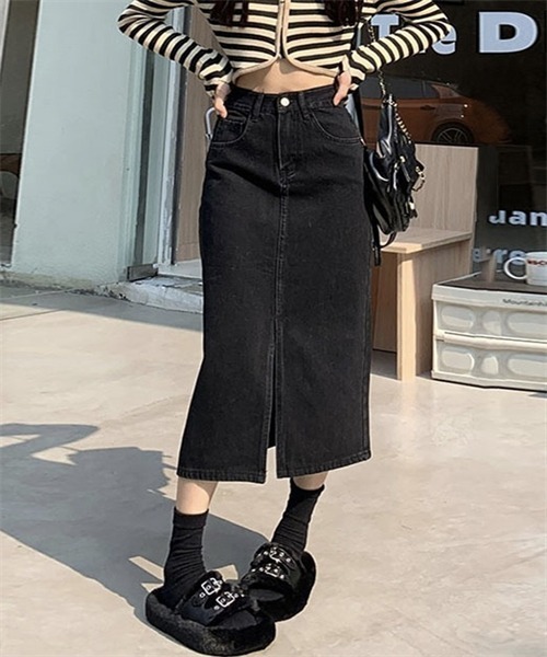 FREE STYLISTS(フリー スタイリスト)の「フロントスリットデニムロングスカート(デニムスカート・レディース・ブラック/ネイビー/ダークグレー/サックスブルー・L/XL/XS/M/S/2XL)」の6枚目の写真