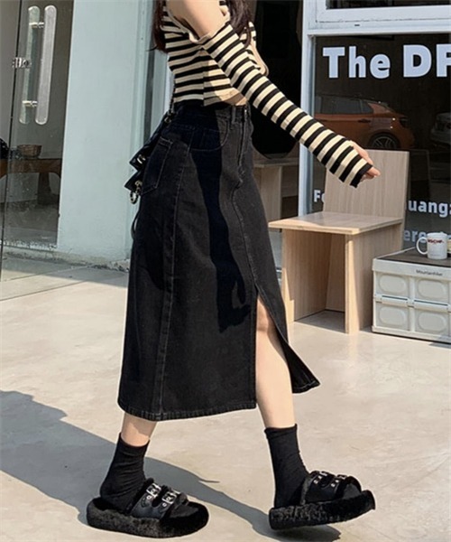 FREE STYLISTS(フリー スタイリスト)の「フロントスリットデニムロングスカート(デニムスカート・レディース・ブラック/ネイビー/ダークグレー/サックスブルー・L/XL/XS/M/S/2XL)」の10枚目の写真