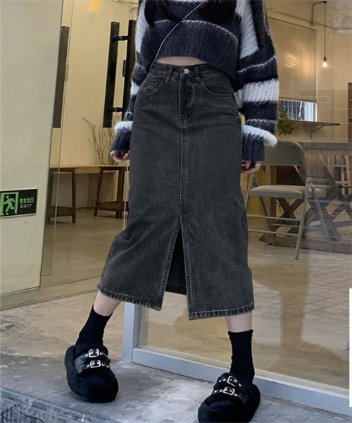 FREE STYLISTS(フリー スタイリスト)の「フロントスリットデニムロングスカート(デニムスカート・レディース・ブラック/ネイビー/ダークグレー/サックスブルー・L/XL/XS/M/S/2XL)」の15枚目の写真