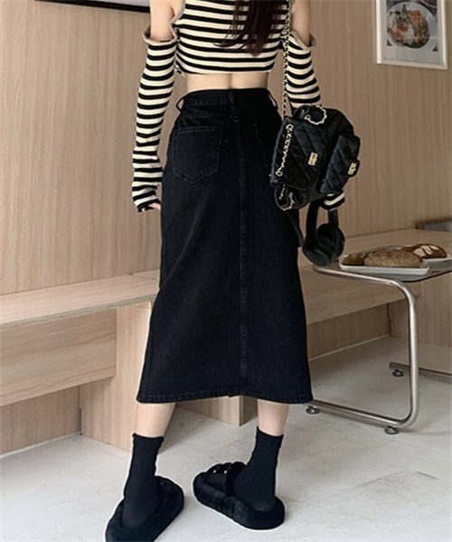 FREE STYLISTS(フリー スタイリスト)の「フロントスリットデニムロングスカート(デニムスカート・レディース・ブラック/ネイビー/ダークグレー/サックスブルー・L/XL/XS/M/S/2XL)」の11枚目の写真