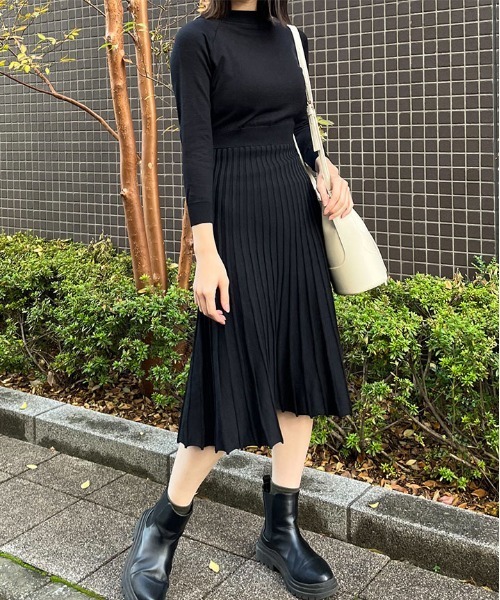 【セール】プリーツスカートベルト付きニットワンピース（ワンピース）｜spiritoso（スピリトーゾ）