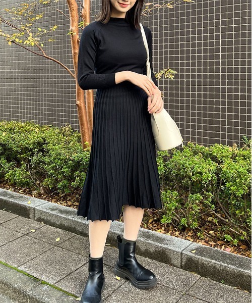 【セール】プリーツスカートベルト付きニットワンピース（ワンピース）｜spiritoso（スピリトーゾ）