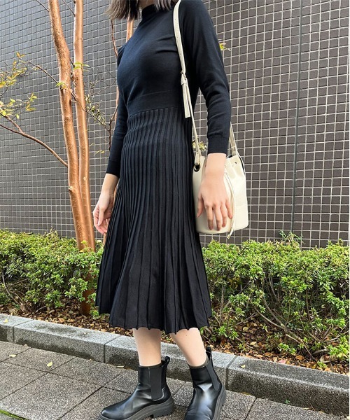 【セール】プリーツスカートベルト付きニットワンピース（ワンピース）｜spiritoso（スピリトーゾ）