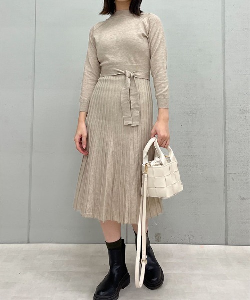 【セール】プリーツスカートベルト付きニットワンピース（ワンピース）｜spiritoso（スピリトーゾ）