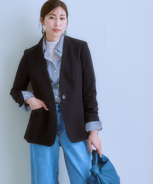 7days Life Styling（セブンデイズライフスタイリング）の「洗えるストレッチダブルクロスジャケット（テーラード＆ノーカラー）（ストレッチ・しわになりにくい・ＵＶカット・洗濯機OK）（ロング丈）（ノーカラージャケット・レディース・ブラック/ネイビー系/ブラック系/ネイビー/ライトグレー系/ライトグレー・S/M/L/LL/3L）」の3枚目の写真