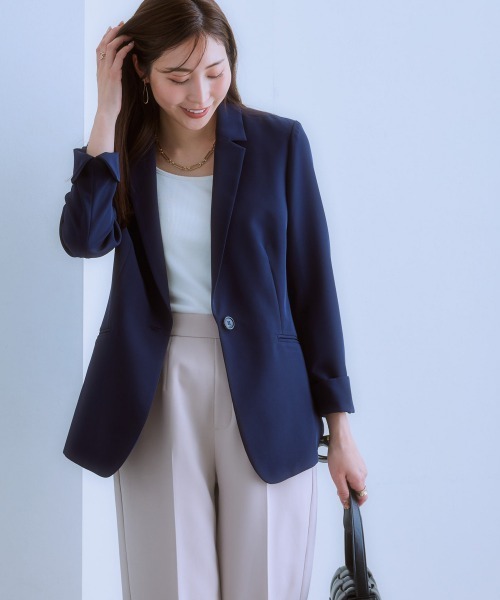 7days Life Styling（セブンデイズライフスタイリング）の「洗えるストレッチダブルクロスジャケット（テーラード＆ノーカラー）（ストレッチ・しわになりにくい・ＵＶカット・洗濯機OK）（ロング丈）（ノーカラージャケット・レディース・ブラック/ネイビー系/ブラック系/ネイビー/ライトグレー系/ライトグレー・S/M/L/LL/3L）」の5枚目の写真