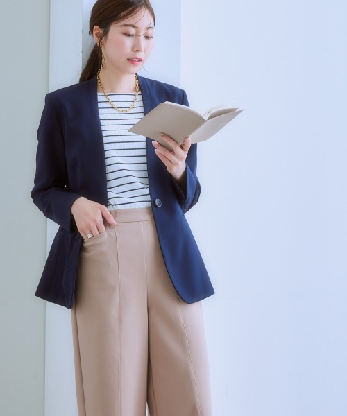 7days Life Styling（セブンデイズライフスタイリング）の「洗えるストレッチダブルクロスジャケット（テーラード＆ノーカラー）（ストレッチ・しわになりにくい・ＵＶカット・洗濯機OK）（ロング丈）（ノーカラージャケット・レディース・ブラック/ネイビー系/ブラック系/ネイビー/ライトグレー系/ライトグレー・S/M/L/LL/3L）」の8枚目の写真