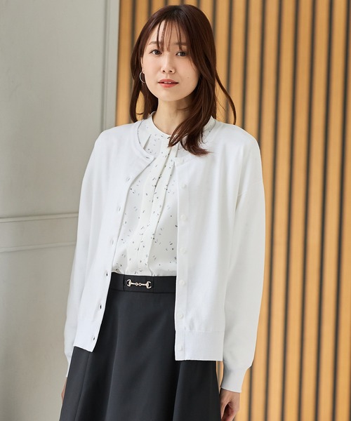 Honeys（ハニーズ）の「【ＵＶカット・花粉リリース加工】花粉対策クルーカーデ（カーディガン/ボレロ・レディース・ホワイト×ブルー/ホワイト×ブラック/アイボリー/ネイビー/イエロー/ピンク・M/LL/L）」の2枚目の写真