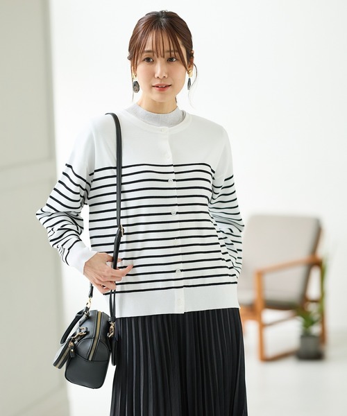 Honeys（ハニーズ）の「【ＵＶカット・花粉リリース加工】花粉対策クルーカーデ（カーディガン/ボレロ・レディース・ホワイト×ブルー/ホワイト×ブラック/アイボリー/ネイビー/イエロー/ピンク・M/LL/L）」の18枚目の写真