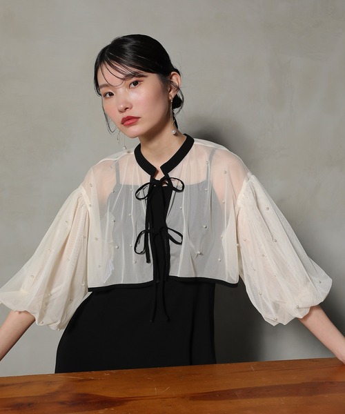 【metoi】メトワ　パール付きチュールボレロ×キャミワンピース セール】【metoi】パール付きチュールボレロ×キャミワンピース