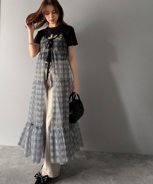 mily bilet(ミウィビレット)の「【mily bilet】大人の甘さを引き立てる。チェックチュールフリルティアードキャミワンピース(ワンピース・レディース・ブルー/ブラック・LARGE/MEDIUM/SMALL/X-LARGE)」の3枚目の写真