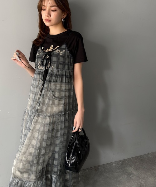 mily bilet(ミウィビレット)の「【mily bilet】大人の甘さを引き立てる。チェックチュールフリルティアードキャミワンピース(ワンピース・レディース・ブルー/ブラック・LARGE/MEDIUM/SMALL/X-LARGE)」の5枚目の写真