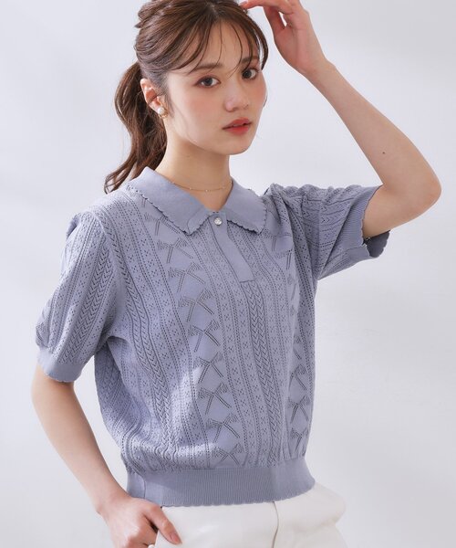洗える・大人可愛い】リボン透かし柄ポロニット（ニット