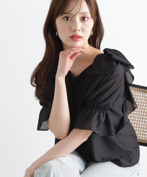 PROPORTION BODY DRESSING（プロポーションボディドレッシング）の「リボンラッフルブラウス５分袖 / 1215110902（シャツ/ブラウス・レディース・ブルー/イエロー/ブラック・SMALL/MEDIUM）」の2枚目の写真