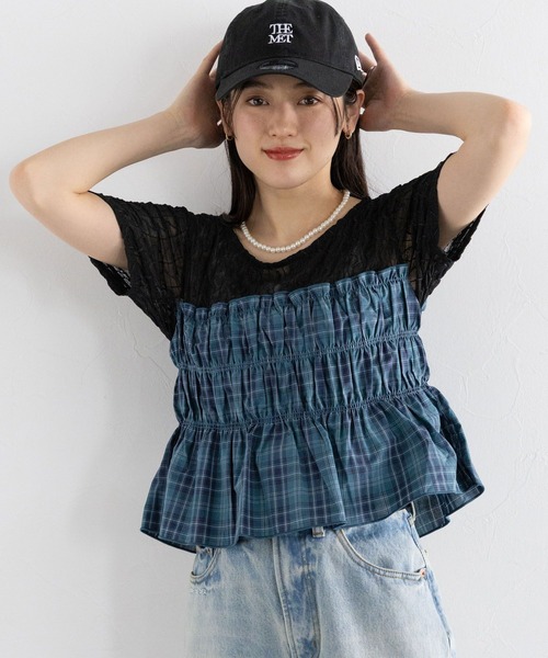 RAGEBLUE(レイジブルー)の「チェックギャザービスチェドッキングシアープルオーバーSS(Tシャツ/カットソー・レディース・ホワイト/ブラック・FREE)」の2枚目の写真