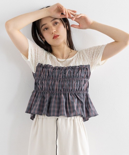 RAGEBLUE(レイジブルー)の「チェックギャザービスチェドッキングシアープルオーバーSS(Tシャツ/カットソー・レディース・ホワイト/ブラック・FREE)」の7枚目の写真