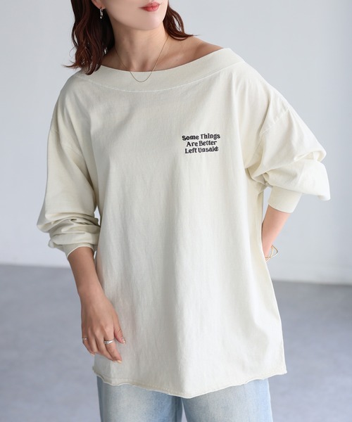 Riberry(リベリー)の「ロゴ刺繍オフショルピグメントロンT(Tシャツ/カットソー・レディース・グレー/ホワイト系/チャコールグレー・FREE)」の14枚目の写真