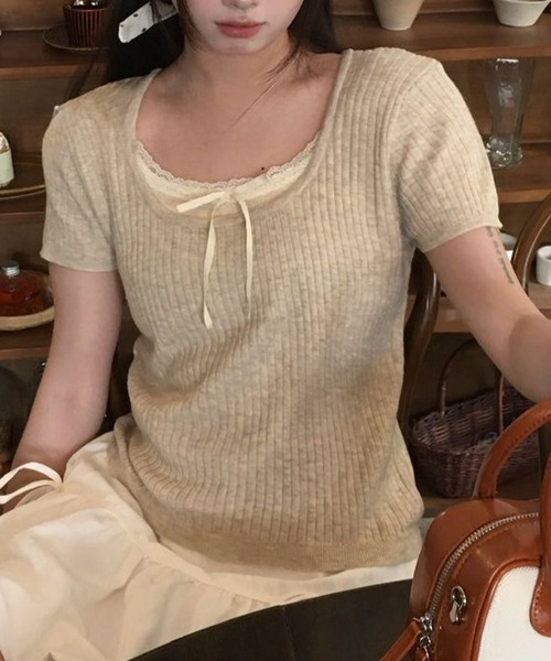 Lace Ladies(レースレディース)の「リボン付き インナー ドッキング 半袖 リブ ニット プルオーバー(ニット/セーター・レディース・ブラック/グレイッシュベージュ/ブルー/グレー・FREE)」の3枚目の写真