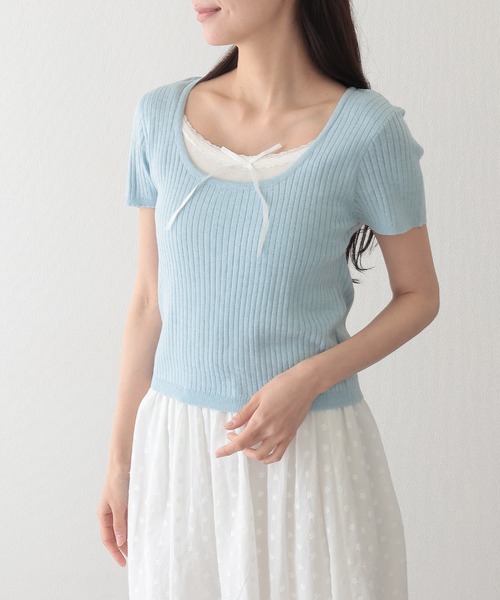Lace Ladies(レースレディース)の「リボン付き インナー ドッキング 半袖 リブ ニット プルオーバー(ニット/セーター・レディース・ブラック/グレイッシュベージュ/ブルー/グレー・FREE)」の4枚目の写真