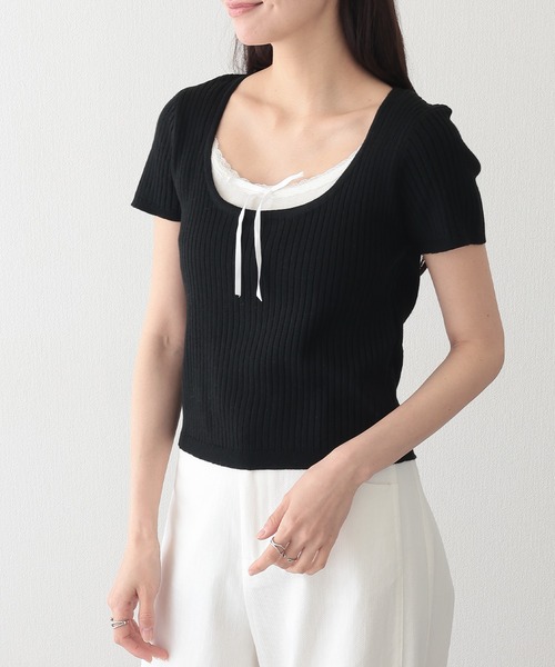 Lace Ladies(レースレディース)の「リボン付き インナー ドッキング 半袖 リブ ニット プルオーバー(ニット/セーター・レディース・ブラック/グレイッシュベージュ/ブルー/グレー・FREE)」の1枚目の写真