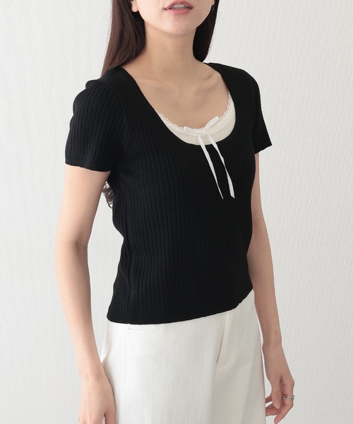Lace Ladies(レースレディース)の「リボン付き インナー ドッキング 半袖 リブ ニット プルオーバー(ニット/セーター・レディース・ブラック/グレイッシュベージュ/ブルー/グレー・FREE)」の8枚目の写真