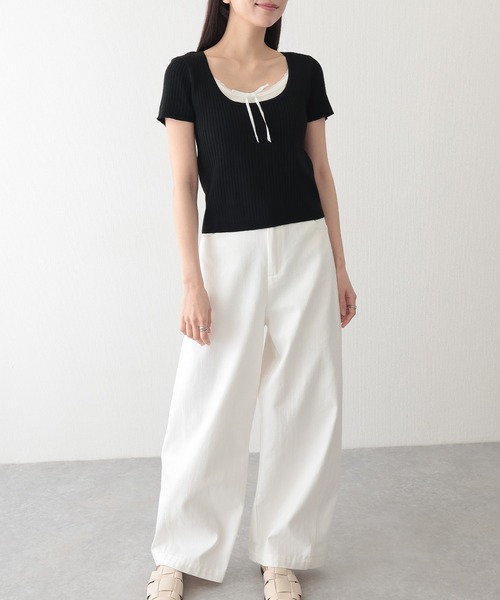 Lace Ladies(レースレディース)の「リボン付き インナー ドッキング 半袖 リブ ニット プルオーバー(ニット/セーター・レディース・ブラック/グレイッシュベージュ/ブルー/グレー・FREE)」の9枚目の写真