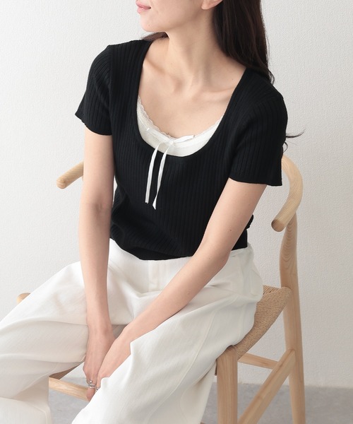 Lace Ladies(レースレディース)の「リボン付き インナー ドッキング 半袖 リブ ニット プルオーバー(ニット/セーター・レディース・ブラック/グレイッシュベージュ/ブルー/グレー・FREE)」の11枚目の写真