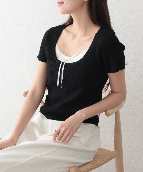 Lace Ladies(レースレディース)の「リボン付き インナー ドッキング 半袖 リブ ニット プルオーバー(ニット/セーター・レディース・ブラック/グレイッシュベージュ/ブルー/グレー・FREE)」の13枚目の写真