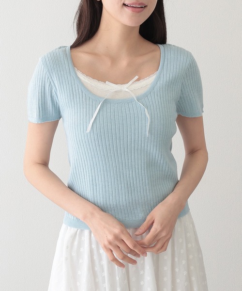 Lace Ladies(レースレディース)の「リボン付き インナー ドッキング 半袖 リブ ニット プルオーバー(ニット/セーター・レディース・ブラック/グレイッシュベージュ/ブルー/グレー・FREE)」の14枚目の写真