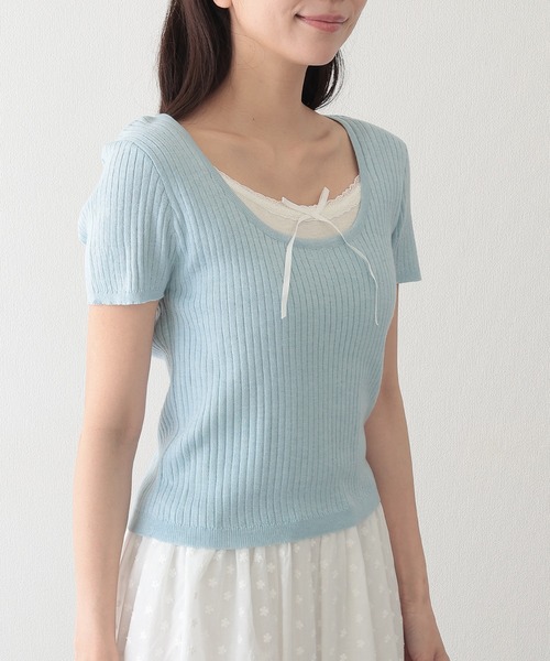 Lace Ladies(レースレディース)の「リボン付き インナー ドッキング 半袖 リブ ニット プルオーバー(ニット/セーター・レディース・ブラック/グレイッシュベージュ/ブルー/グレー・FREE)」の16枚目の写真