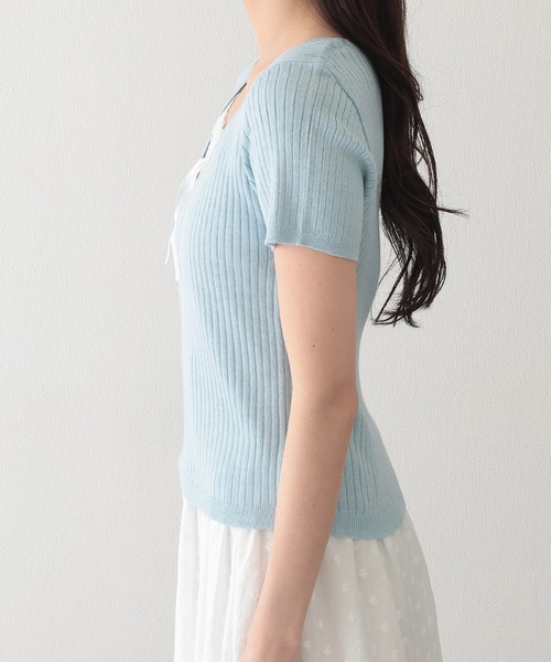 Lace Ladies(レースレディース)の「リボン付き インナー ドッキング 半袖 リブ ニット プルオーバー(ニット/セーター・レディース・ブラック/グレイッシュベージュ/ブルー/グレー・FREE)」の18枚目の写真